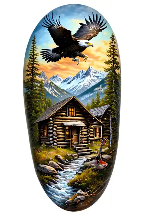 nature scene with log cabin up on a mountain with a bald eagle soaring in the sky with a acoustic guitar tattoo design idea
