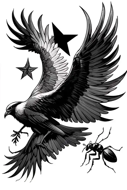 a phoenix flying under a philant star brings a leaf of lorium in its beak to an ant alone pushed aside tattoo design idea