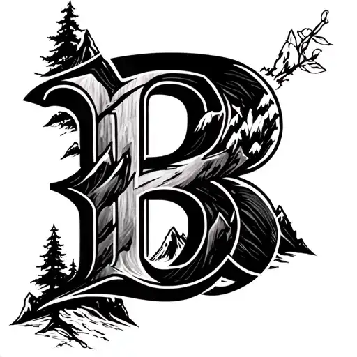 cursive b and mountains tattoo design idea