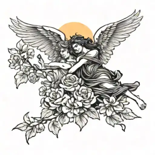 greek mythology angels flying with flowers and a sunshine  tattoo design idea