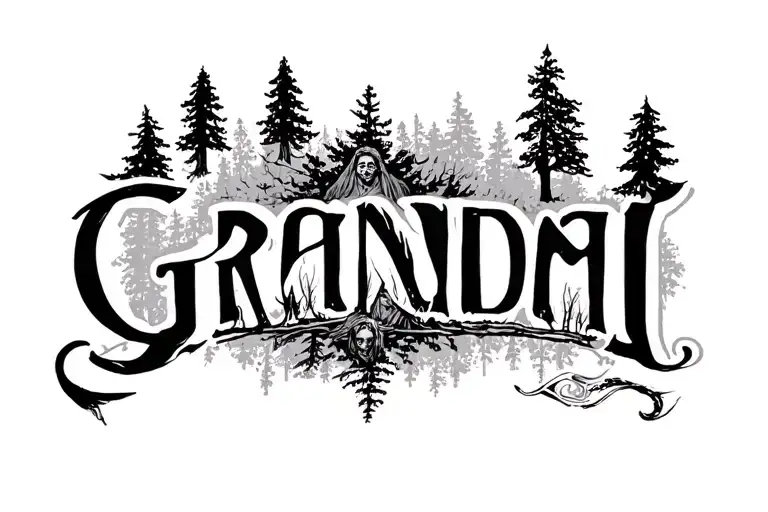 Script, detailed symbolic and clean, one side, Oregon trees god and grandma sketch a tattoo  tattoo design idea