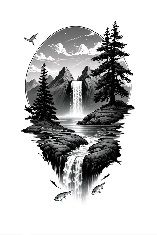 mountains,trees,waterfall with fish jumping out of water,night sky background tattoo design idea
