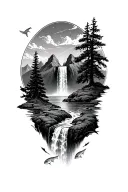 mountains,trees,waterfall with fish jumping out of water,night sky background tattoo design idea