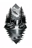 mountains,trees,waterfall with fish jumping out of water,night sky background tattoo design idea