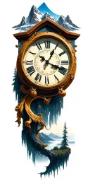 clock mountain landscape tattoo design idea