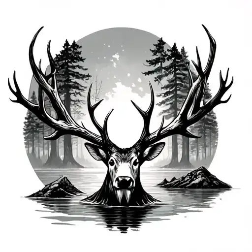 deer antler fish rifle fishing pole cross tree forest intertwined  tattoo design idea