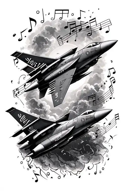 For the forearm, music notes,2 fighter jets, and chaos, I want it to be compact and a ton of designs black and gray tattoo design idea