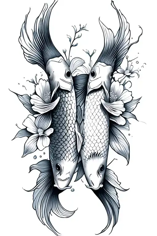 2 koi fish with flowers tattoo design idea