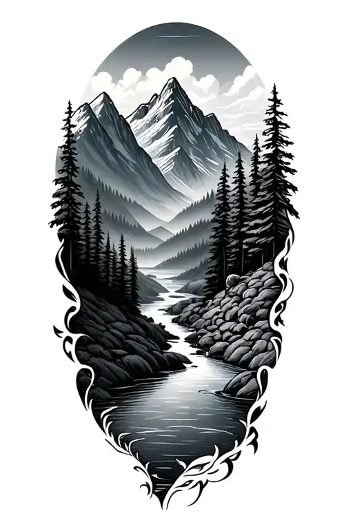 mountains and a river flowing tattoo design idea