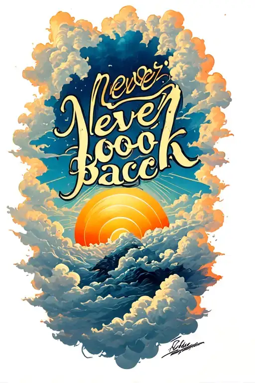 Sleeve tattoo forearm, 'never look back' lettering, surrounded by clouds, deep sun, sun rays hi tattoo design idea