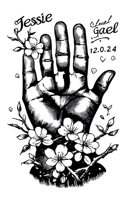 "Jessie Gael 12.06.24 " black and white baby hand print with a few cherry blossom branch tattoo design idea