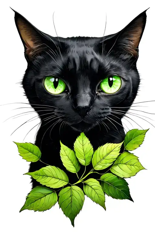 Black cat with green eyes instead of leaves tattoo design idea