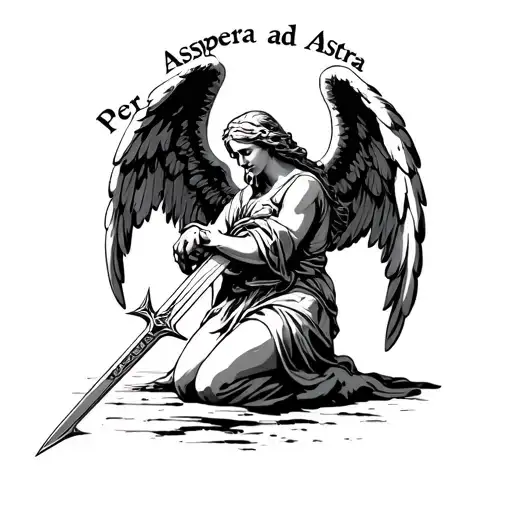 "Per aspera ad Astra " kneeling angel holding a sword  weeping tattoo design idea