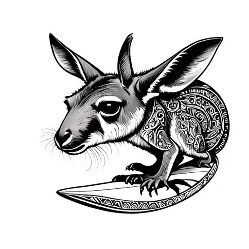 Surfing kangaroo In aboriginal style.  Ohm smbole in the middle tattoo design idea
