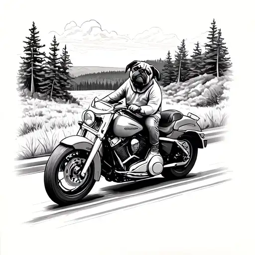 A pug riding a Harley Davidson Road Glide motorcycle through a scenic Maine landscape tattoo design idea