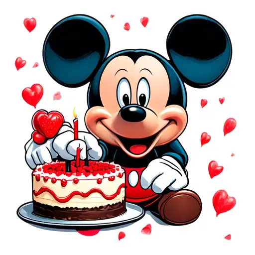 Mickey Mouse inspired character with a chucky doll like face holding a birth cake  tattoo design idea