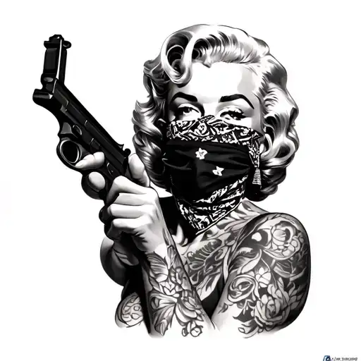 Marilyn Monroe with gun and bandana mask holding tattoo design idea