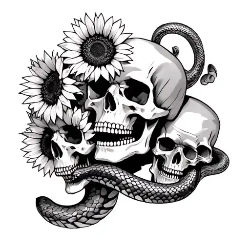 3 skulls with sunflowers and snake coming out of the mouth and coming up through skull above it and skull above that one tattoo design idea
