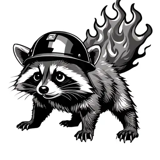 full body raccoon in fire helmet  tattoo design idea