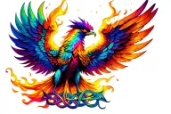 rising phoenix with Celtic knot tail, wings equal on othe sides, deep vibrant rainbow colors, flames and sparks tattoo design idea