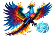 rising phoenix with Celtic knot tail, wings equal on othe sides, deep vibrant rainbow colors, flames and sparks tattoo design idea