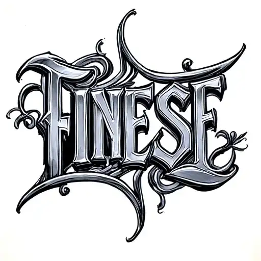 Metal font calligraphy "FINESSE" on upper abdomen tattoo design idea