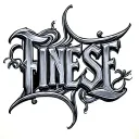 Metal font calligraphy "FINESSE" on upper abdomen tattoo design idea