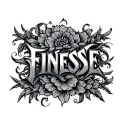 Metal font calligraphy "FINESSE" on upper abdomen tattoo design idea