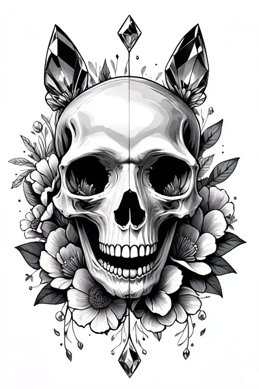 animal skull, crystal, flowers surrounding tattoo design idea