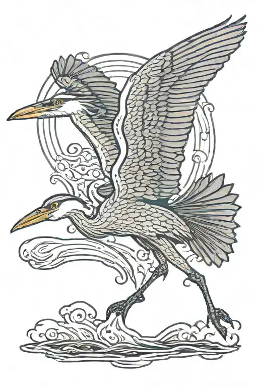 great blue heron flying above water with blue whale in it tattoo design idea