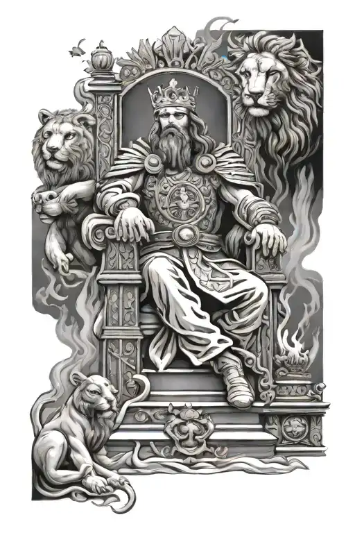 king of king, with pillar of fire on heaven stairway sitting on throne with army and lions in 3d effect tattoo design idea