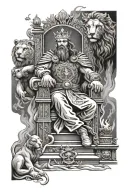 king of king, with pillar of fire on heaven stairway sitting on throne with army and lions in 3d effect tattoo design idea