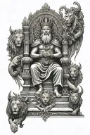 king of king, with pillar of fire on heaven stairway sitting on throne with army and lions in 3d effect tattoo design idea