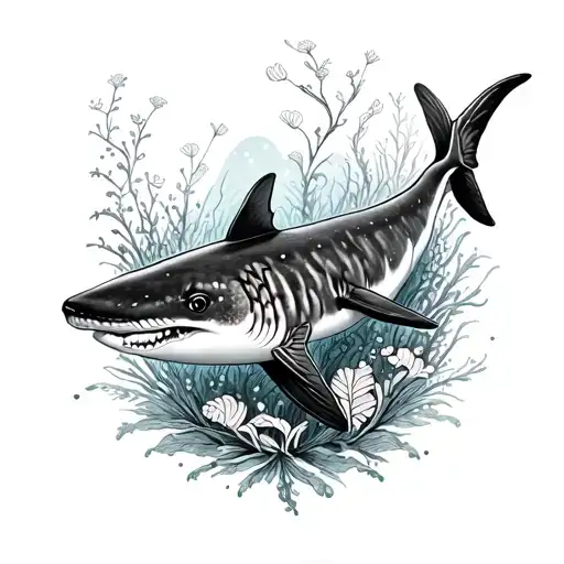 Whale shark surrounded by seaweed and flora forearm sleeve, half sleeve tattoo design idea