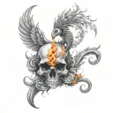 realistically, a phoenix wrapped in flames circles over a skull with a blackwork tattoo design idea