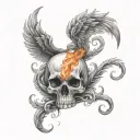 realistically, a phoenix wrapped in flames circles over a skull with a blackwork tattoo design idea