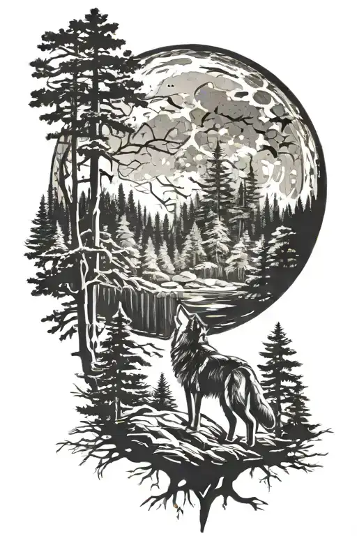 forest landscape wolf howling at the moon surrounded tattoo design idea
