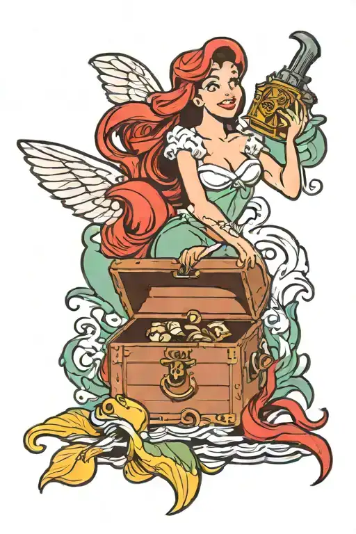 Ariel holding an open treasure chest tattoo design idea