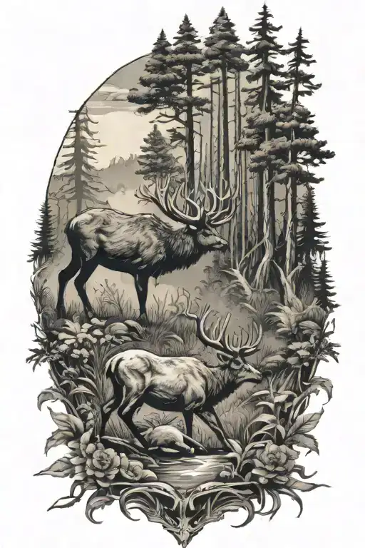 Deer fights bear in forest scene tattoo design idea