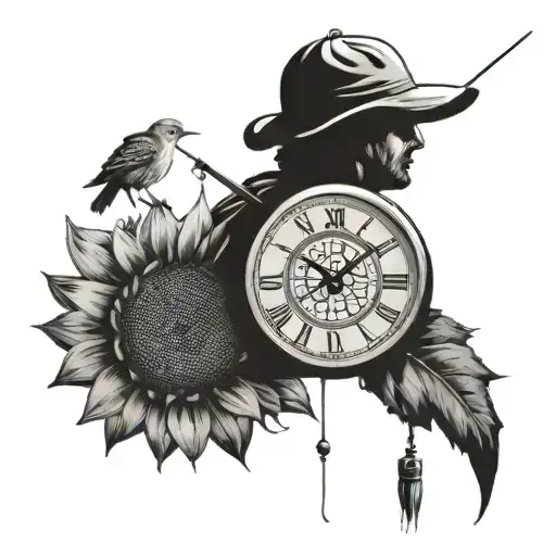 clock, man fishing, sun flower, let them  tattoo design idea