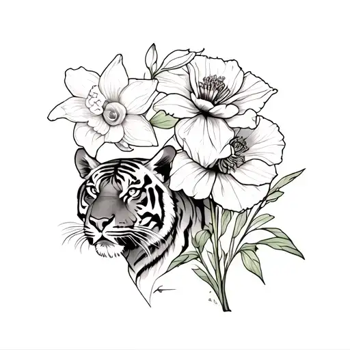 Fine line Tattoo half sleeve including a tiger, a daffodil, a poppy, and cherry blossoms tattoo design idea