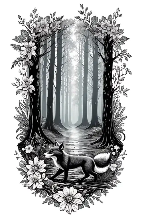 floral lace background with small fox running through forest tattoo design idea