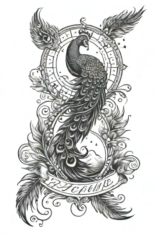 Peacock feathers falling with moon and chand and shyam written in Viking Rune tattoo design idea