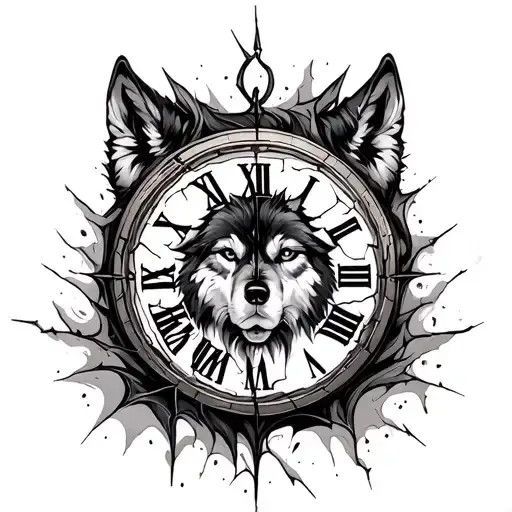 cracked clock trre and wolf trible tattoo design idea