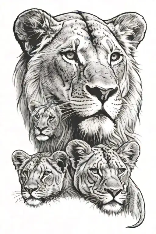 lion, lioness, 3 cubs face only tattoo design idea