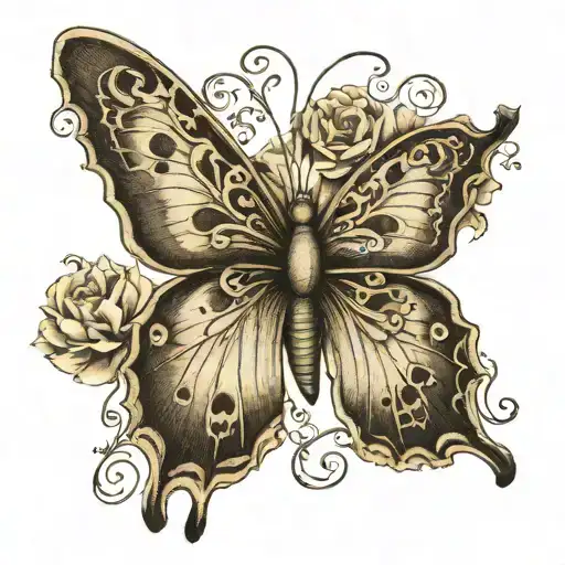 Butterfly in black, realistic with the initials "e", "g", "e" and "t" included in a very discreet and subtle way in the tattoo design idea