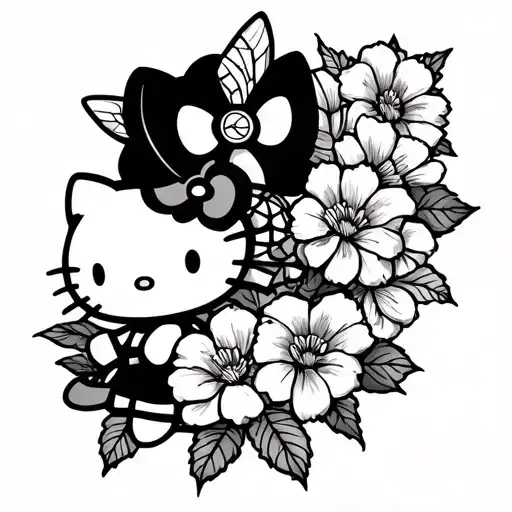 hello Kitty, Spider-Man, and Hibicus flowers for upperarm sleeve  tattoo design idea