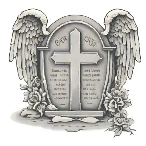 bible verse phillipians 4:13 written next to a tombstone with angel overtop tattoo design idea