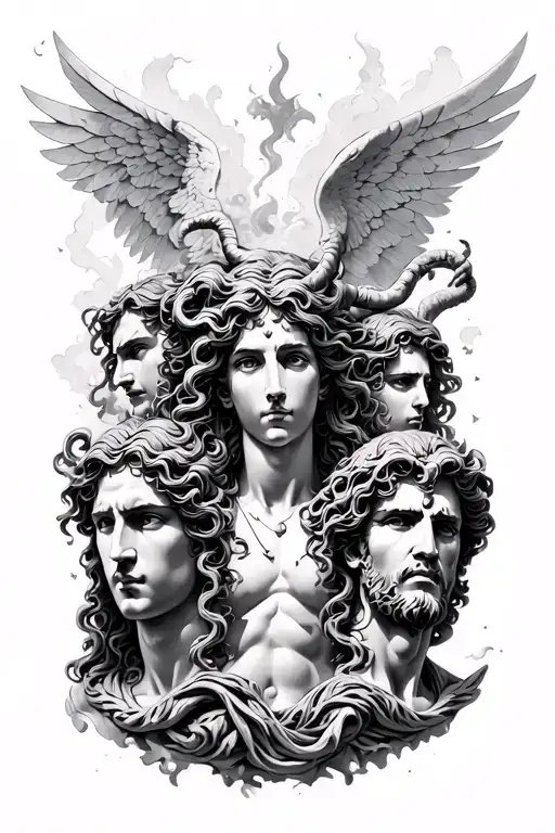 Medusa, Ares, Icarus and Hades as statues tattoo design idea