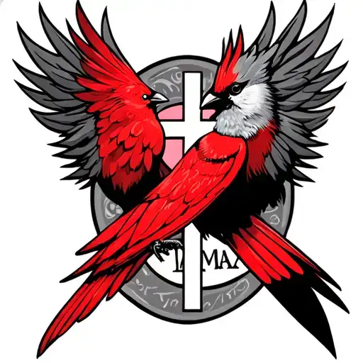 red bird with a cross and cancer ribbon with name max tattoo design idea